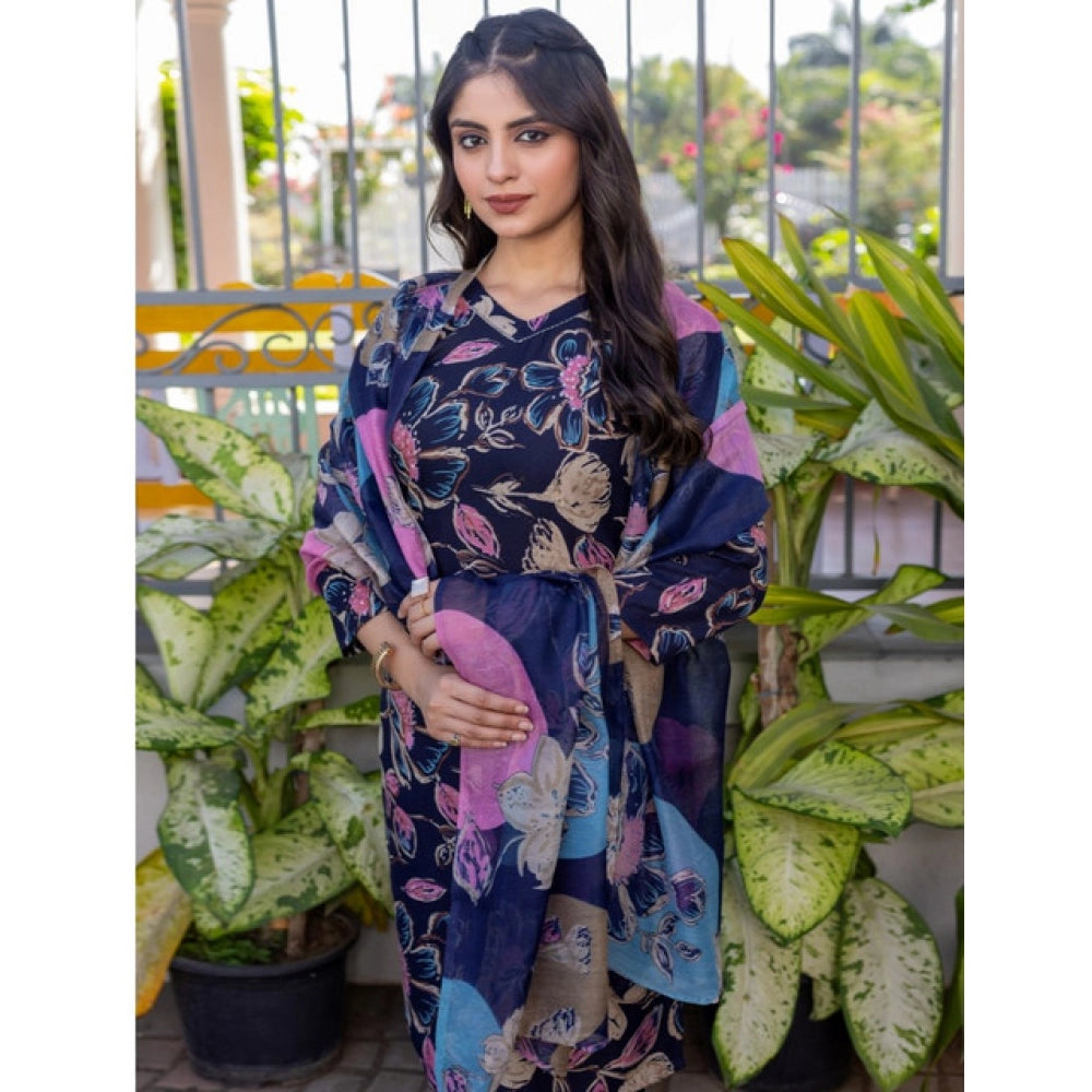 Seduva Women's Cotton Blend Printed Kurti With Pant Dupatta Set (NavyBlue)