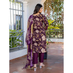 Seduva Women's Cotton Blend Printed Kurti With Pant Dupatta Set (Purple)