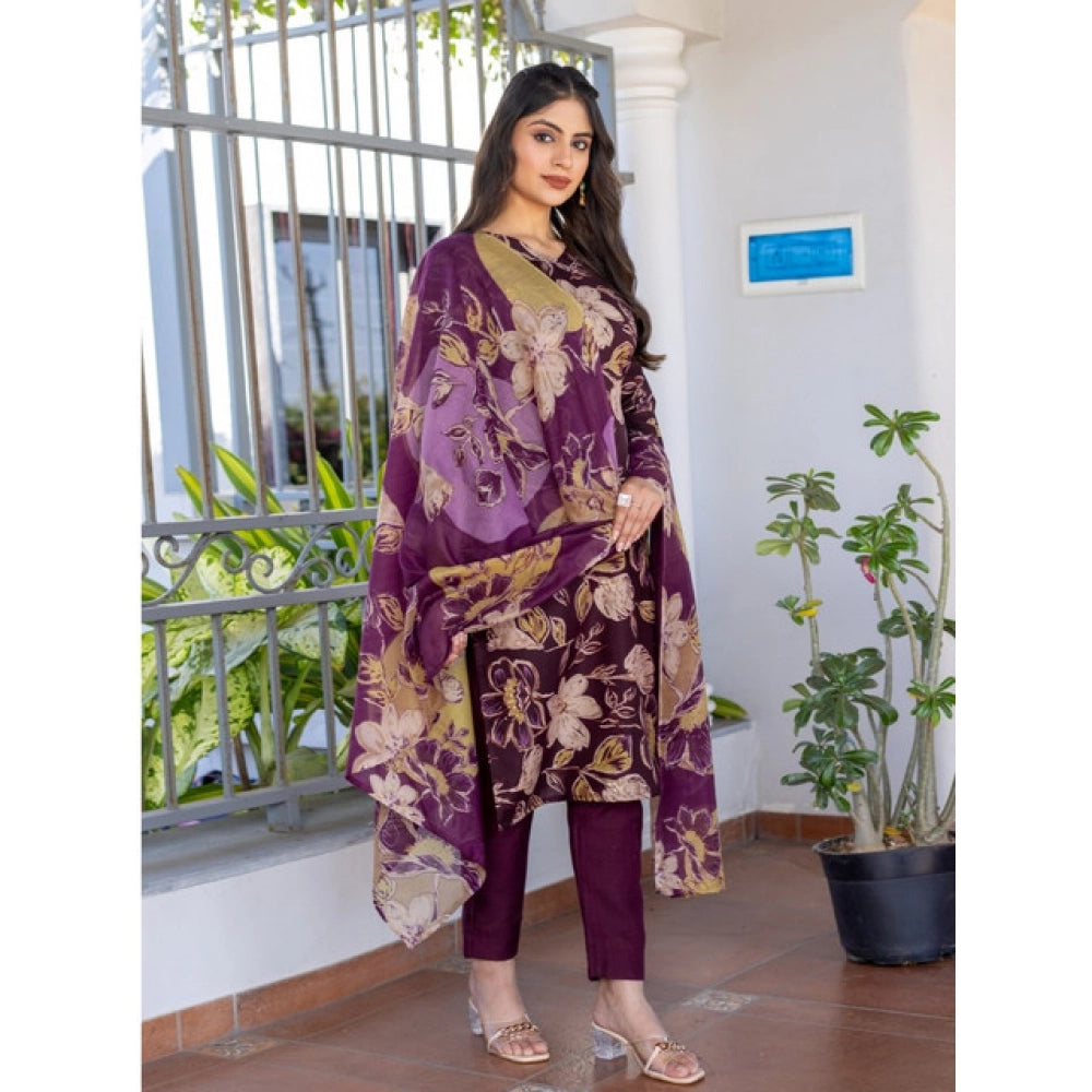 Seduva Women's Cotton Blend Printed Kurti With Pant Dupatta Set (Purple)