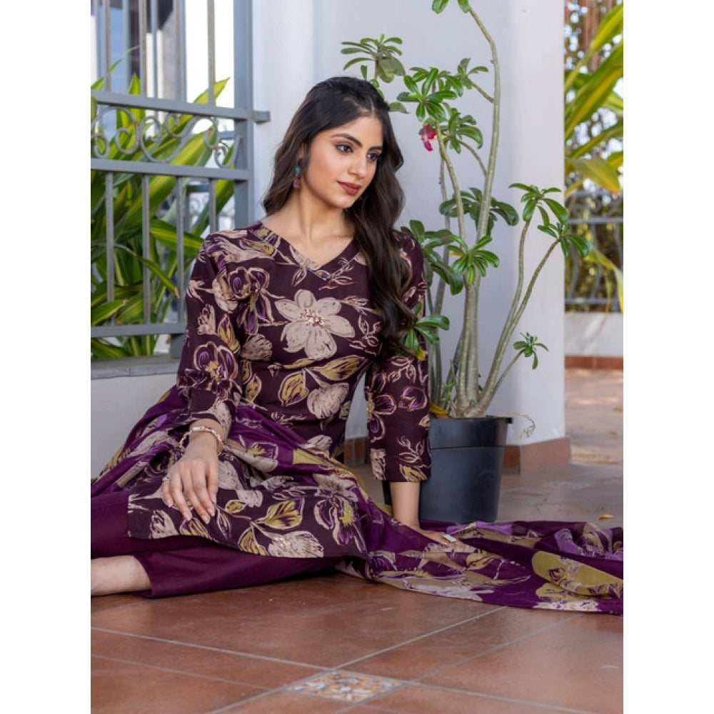 Seduva Women's Cotton Blend Printed Kurti With Pant Dupatta Set (Purple)