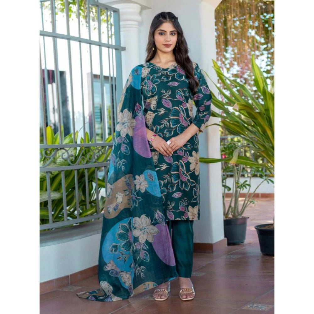 Seduva Women's Cotton Blend Printed Kurti With Pant Dupatta Set (Rama)