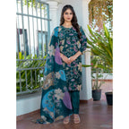 Seduva Women's Cotton Blend Printed Kurti With Pant Dupatta Set (Rama)