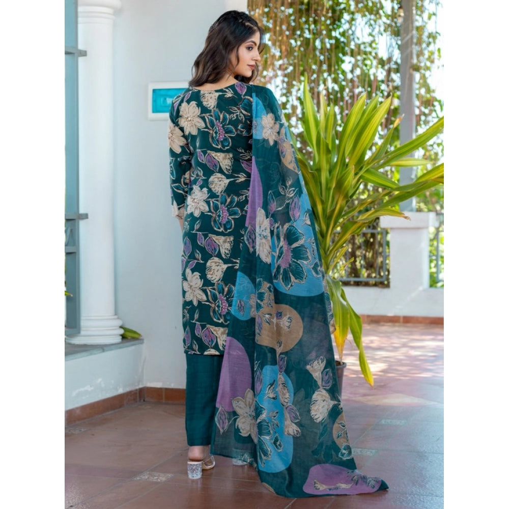 Seduva Women's Cotton Blend Printed Kurti With Pant Dupatta Set (Rama)