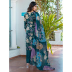 Seduva Women's Cotton Blend Printed Kurti With Pant Dupatta Set (Rama)