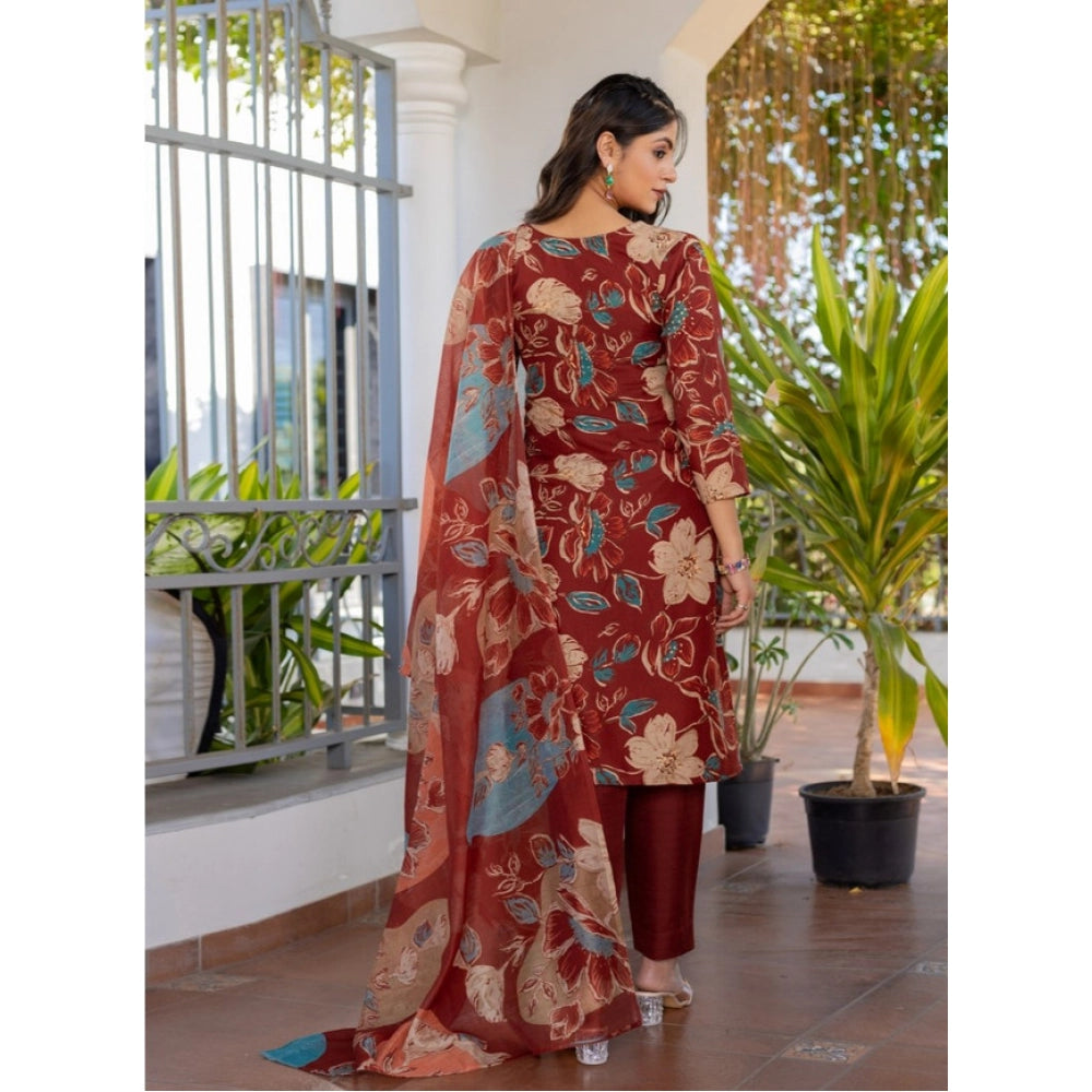 Seduva Women's Cotton Blend Printed Kurti With Pant Dupatta Set (Rust)