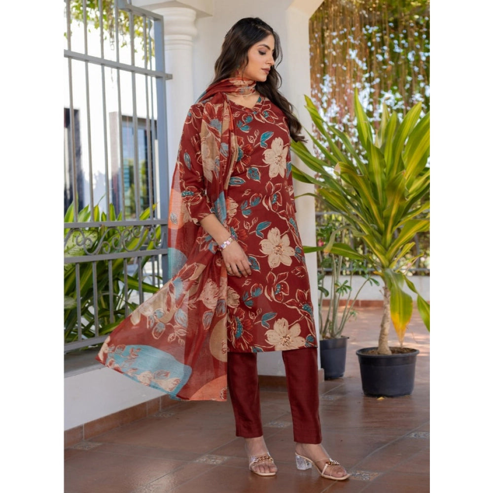 Seduva Women's Cotton Blend Printed Kurti With Pant Dupatta Set (Rust)