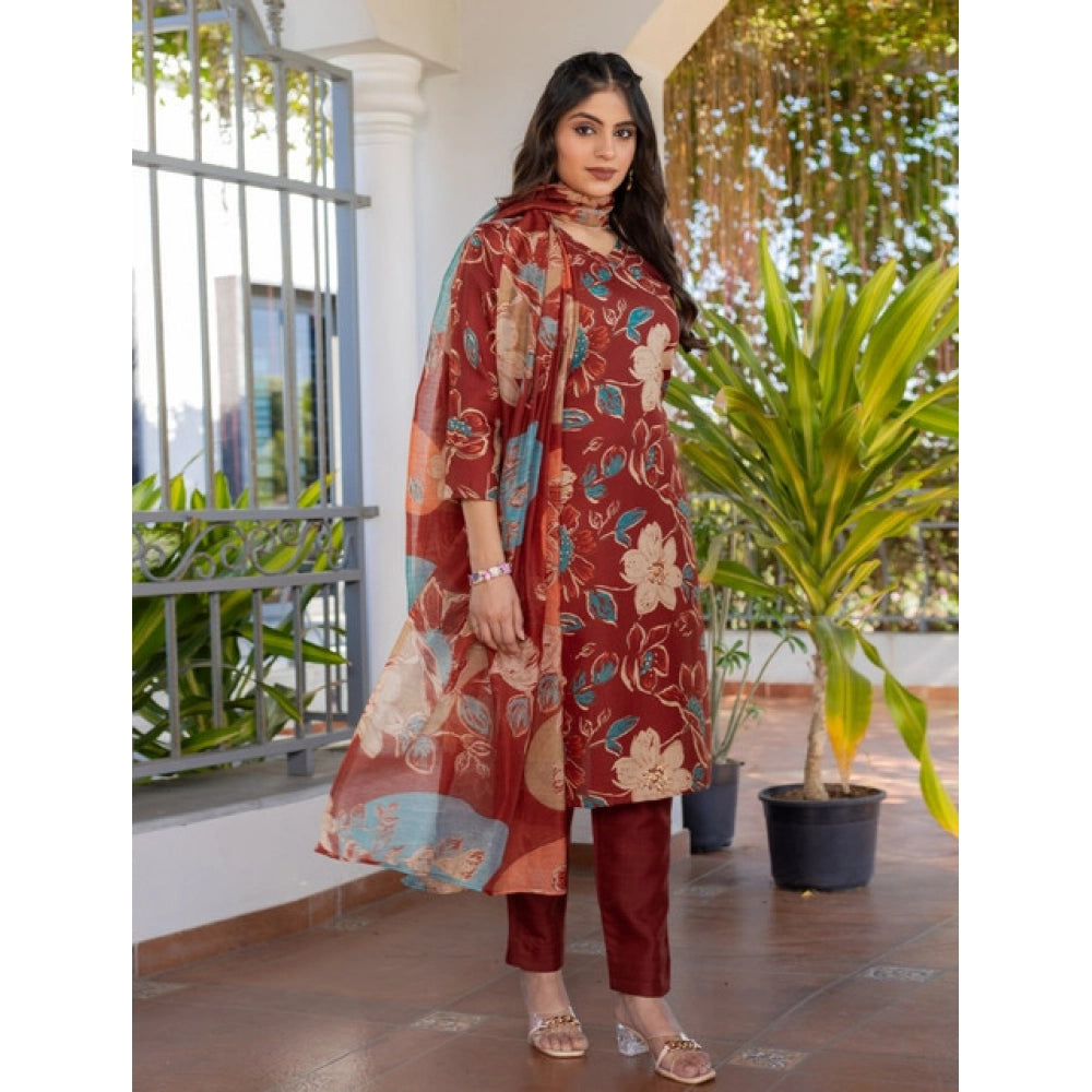 Seduva Women's Cotton Blend Printed Kurti With Pant Dupatta Set (Rust)