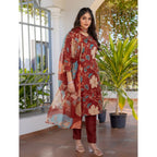 Seduva Women's Cotton Blend Printed Kurti With Pant Dupatta Set (Rust)