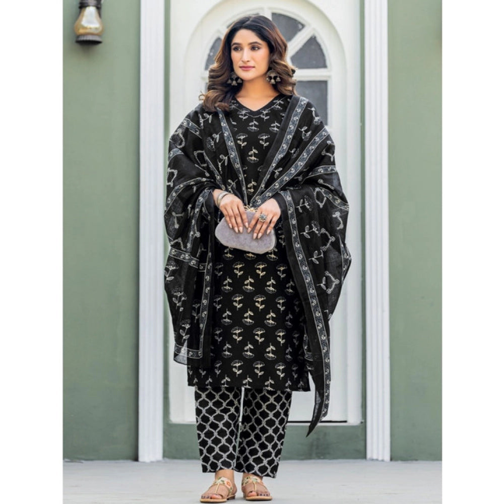 Seduva Women's Cotton Blend Printed Kurti With Pant Dupatta Set (Black)
