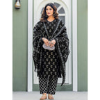 Seduva Women's Cotton Blend Printed Kurti With Pant Dupatta Set (Black)