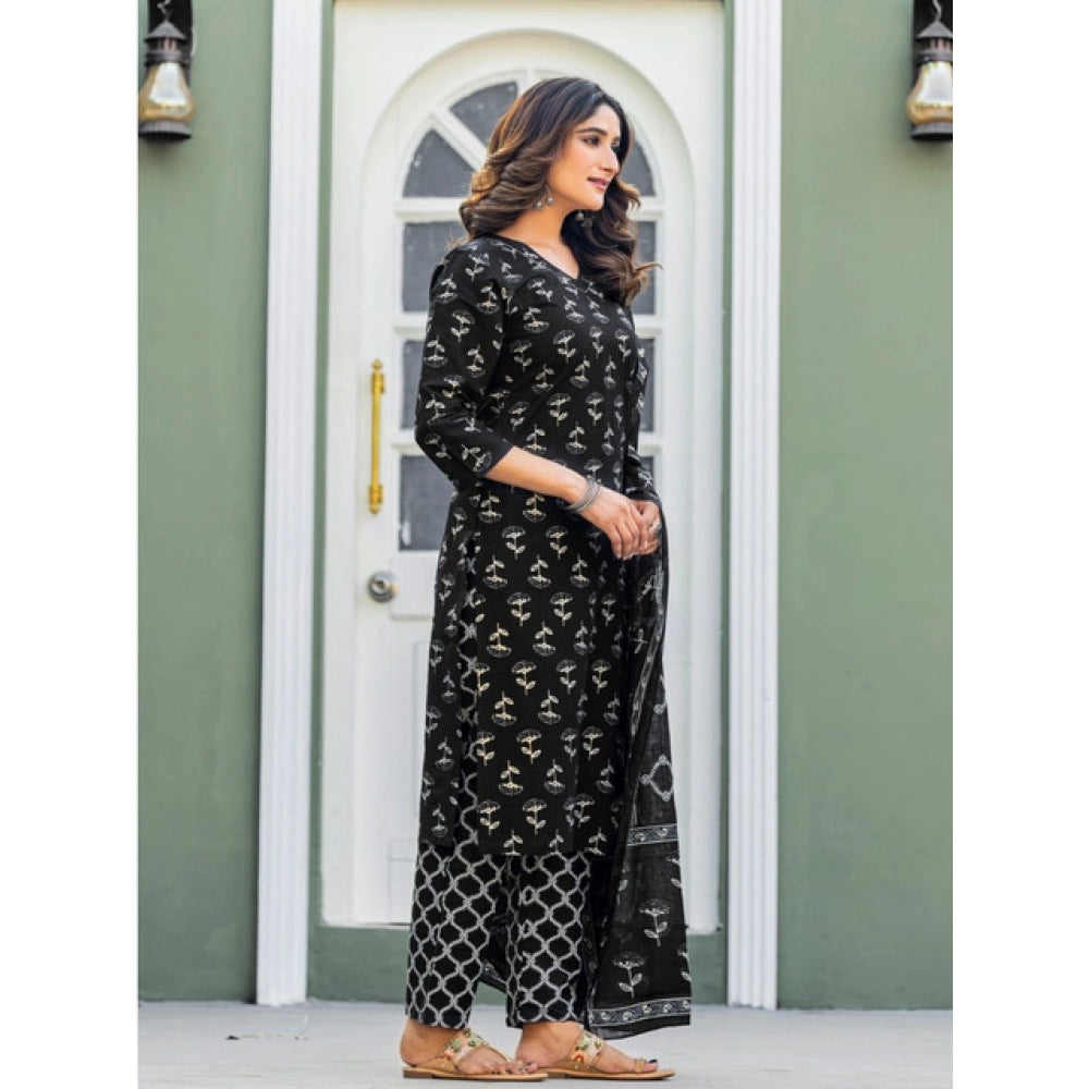 Seduva Women's Cotton Blend Printed Kurti With Pant Dupatta Set (Black)