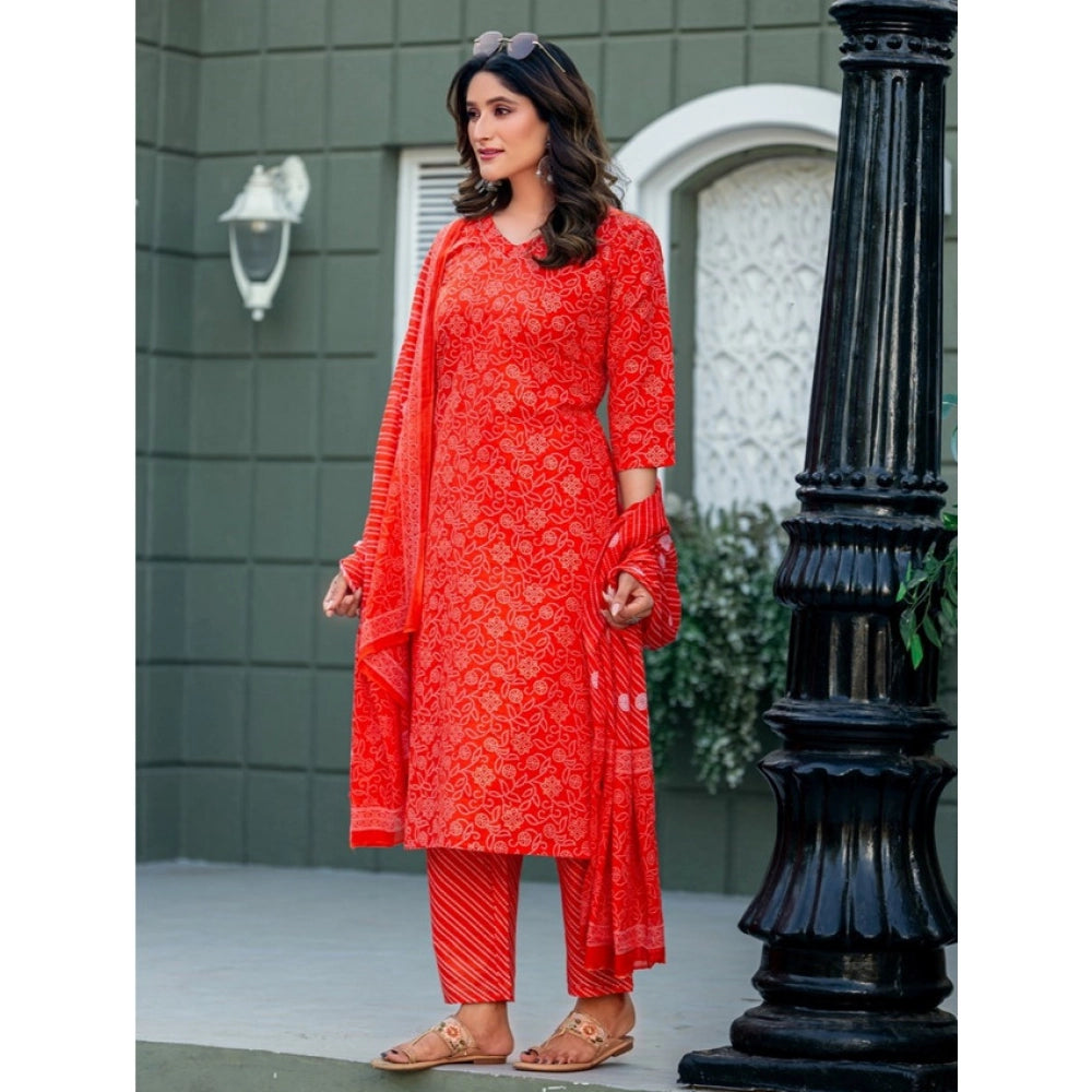 Seduva Women's Cotton Blend Printed Kurti With Pant Dupatta Set (Orange)