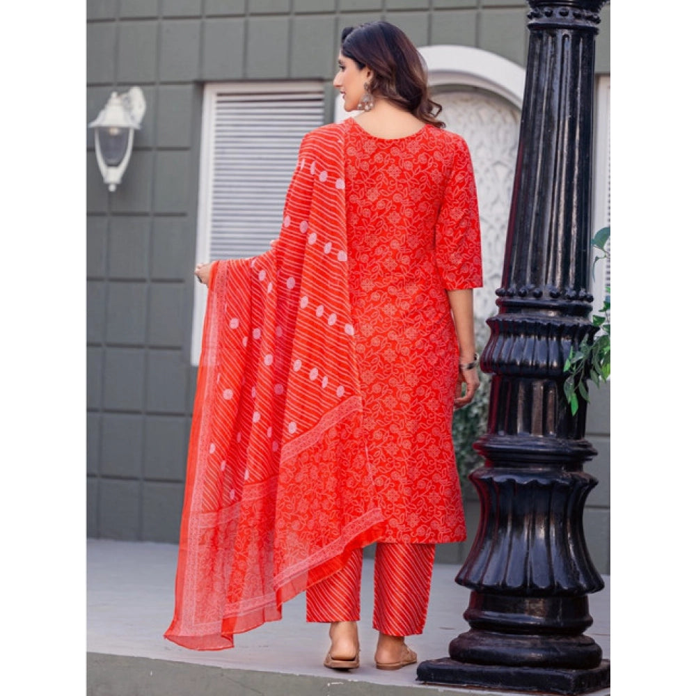 Seduva Women's Cotton Blend Printed Kurti With Pant Dupatta Set (Orange)