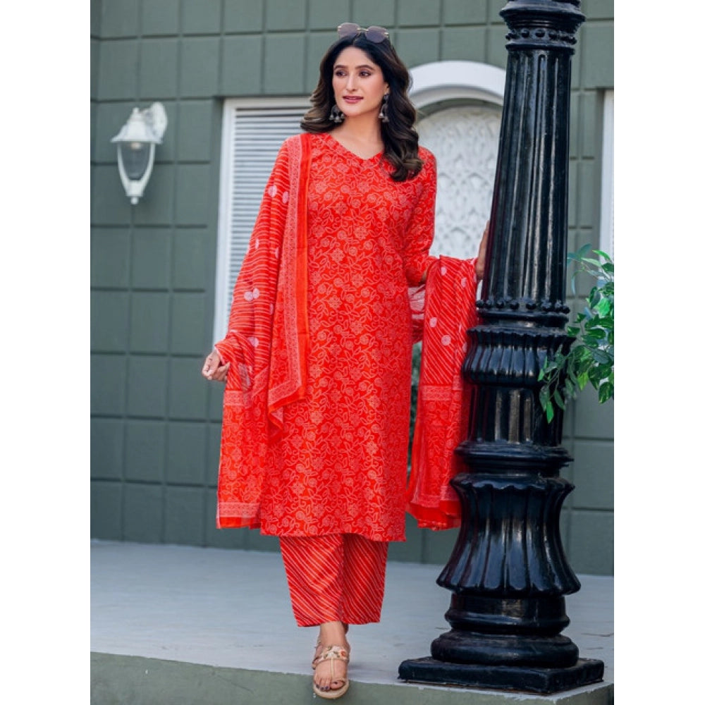 Seduva Women's Cotton Blend Printed Kurti With Pant Dupatta Set (Orange)