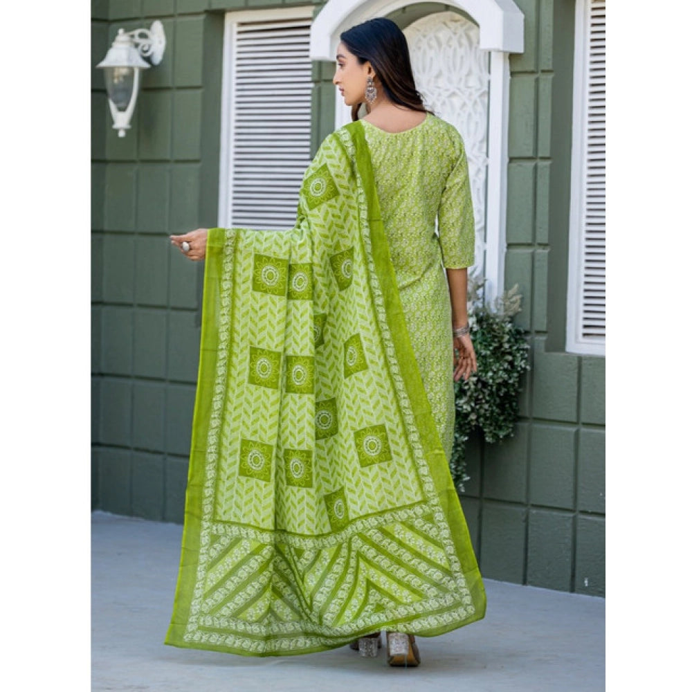 Seduva Women's Cotton Blend Printed Kurti With Pant Dupatta Set (Parrot)
