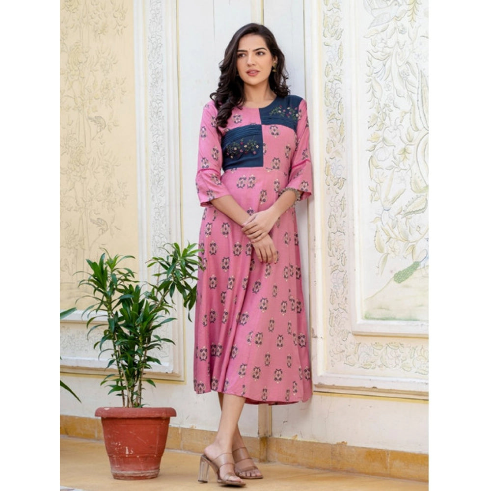 Seduva Women's Rayon  Print With Embroidery Work A-Line Kurti (Wine)