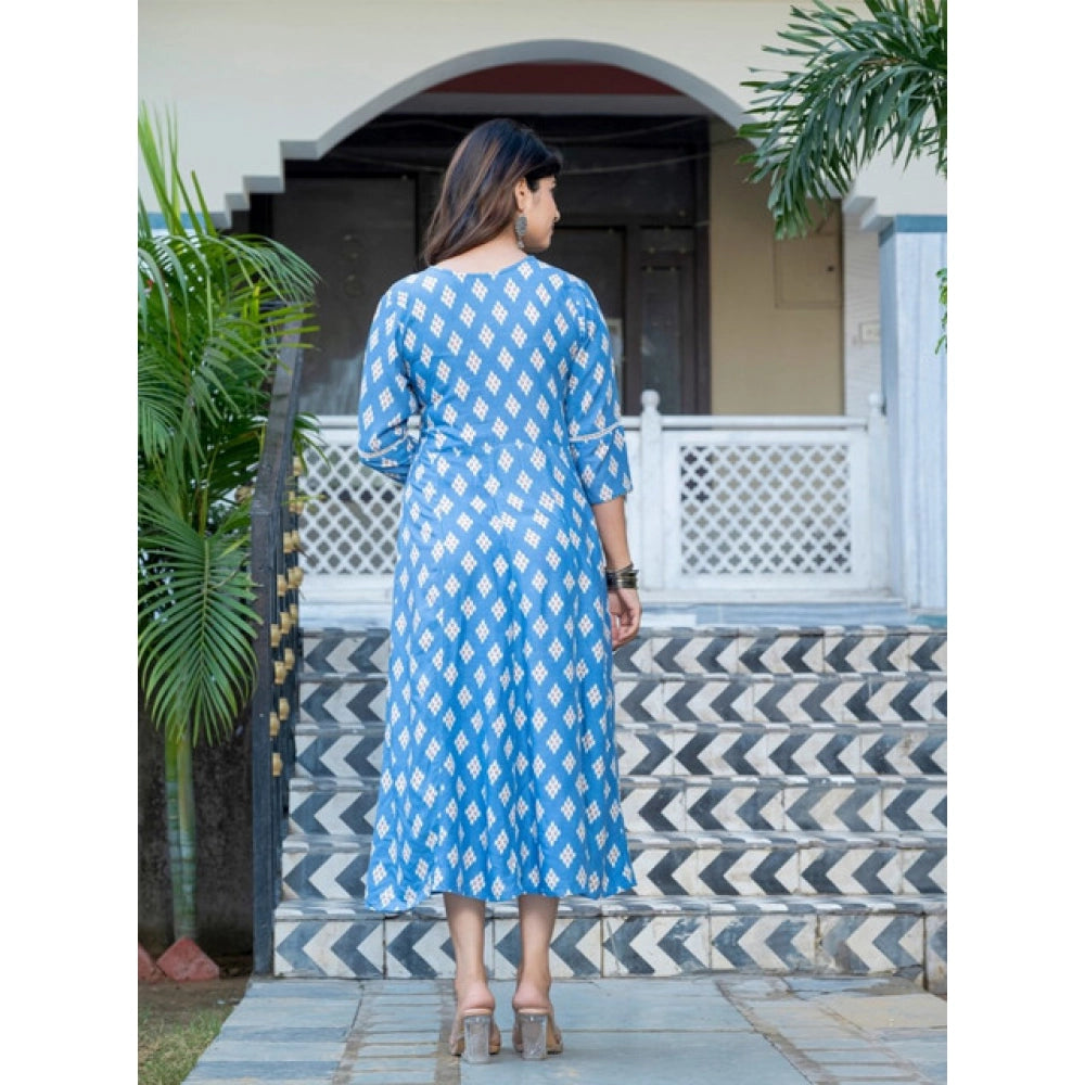 Seduva Women's Rayon Print With Embroidery Work A-Line Kurti (Sky Blue)