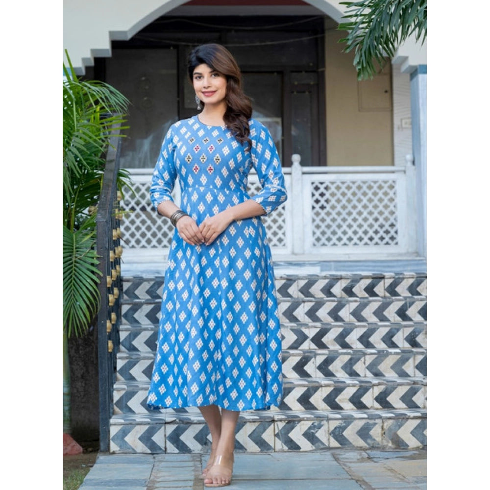 Seduva Women's Rayon Print With Embroidery Work A-Line Kurti (Sky Blue)