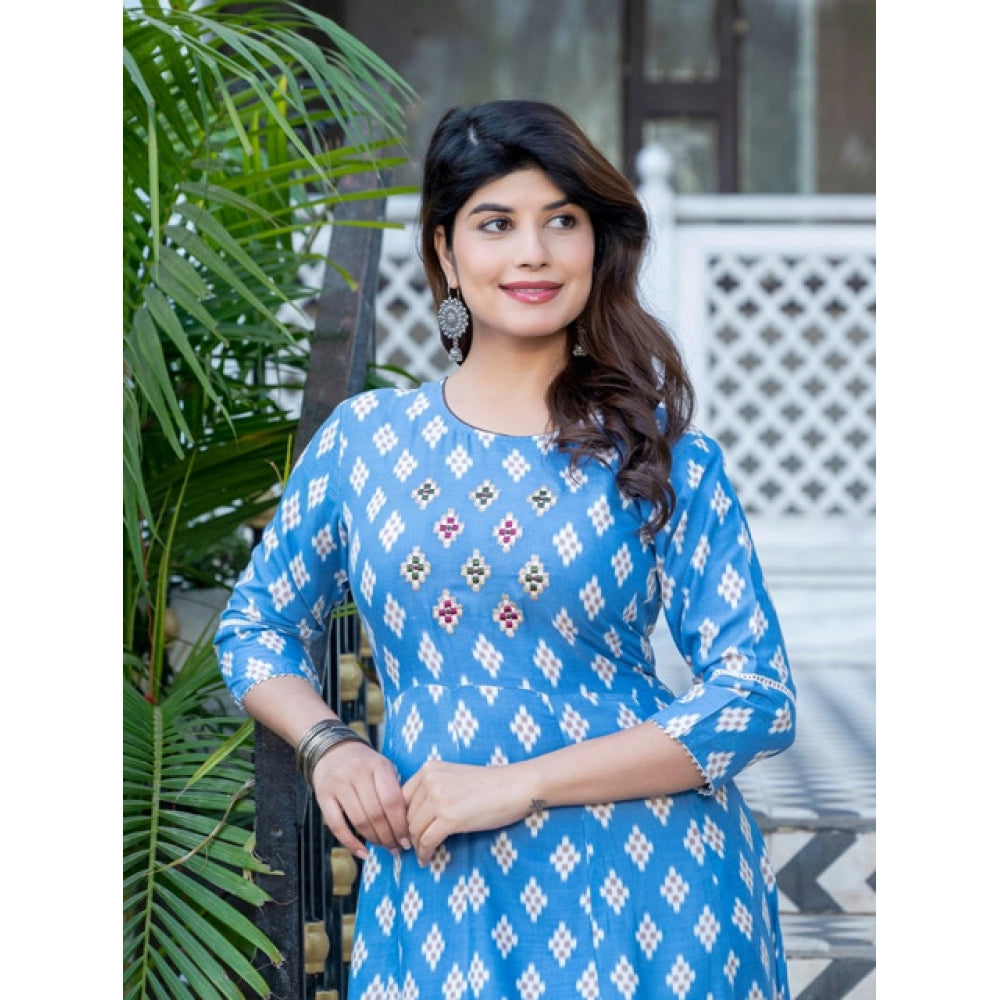 Seduva Women's Rayon Print With Embroidery Work A-Line Kurti (Sky Blue)