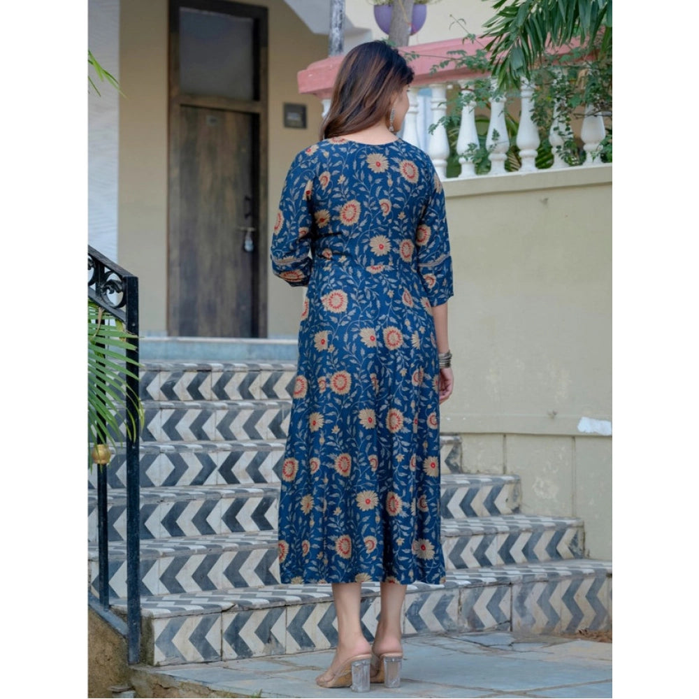 Seduva Women's Rayon Print With Embroidery Work A-Line Kurti (Navy Blue)