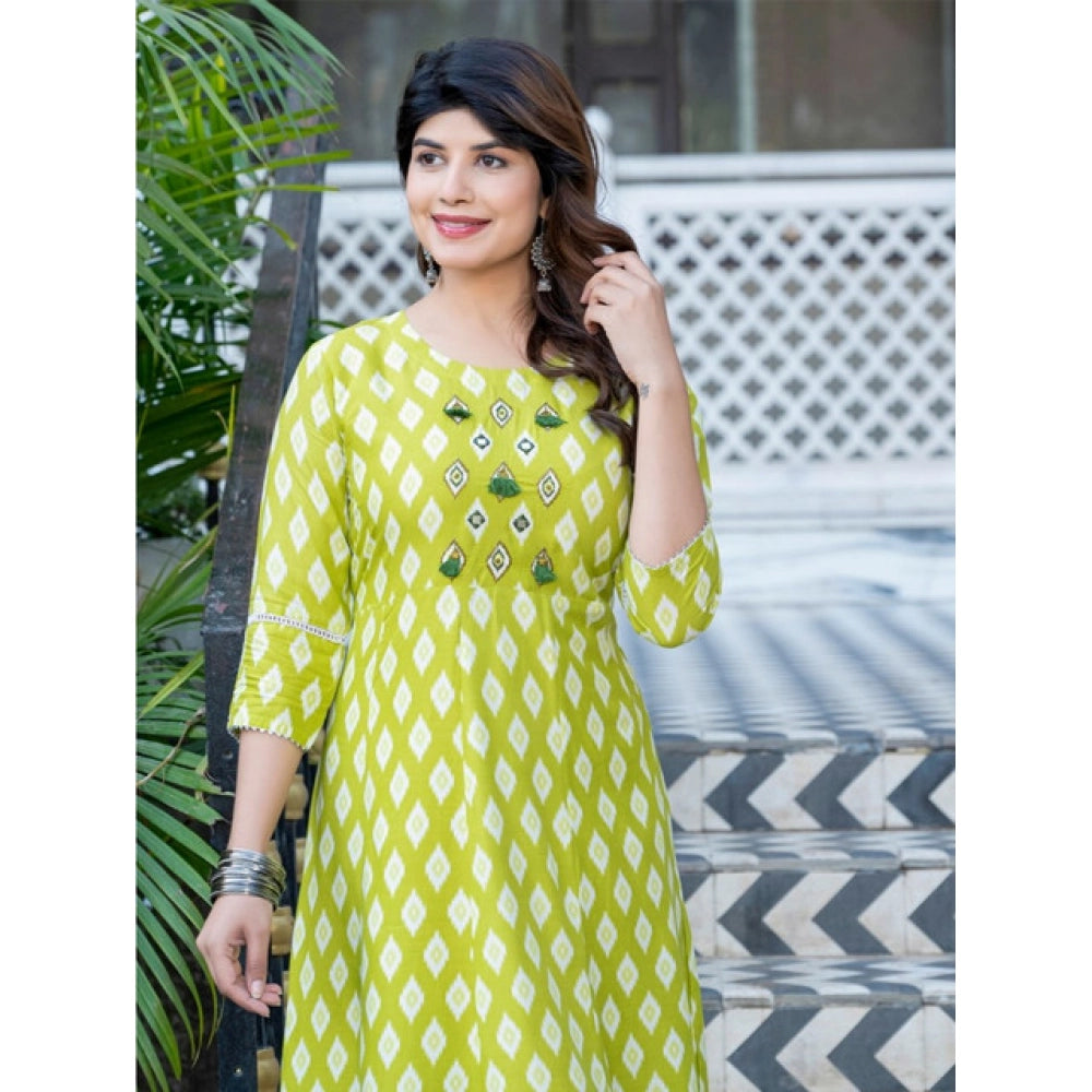 Seduva Women's Rayon Print With Embroidery Work A-Line Kurti (Parrot)