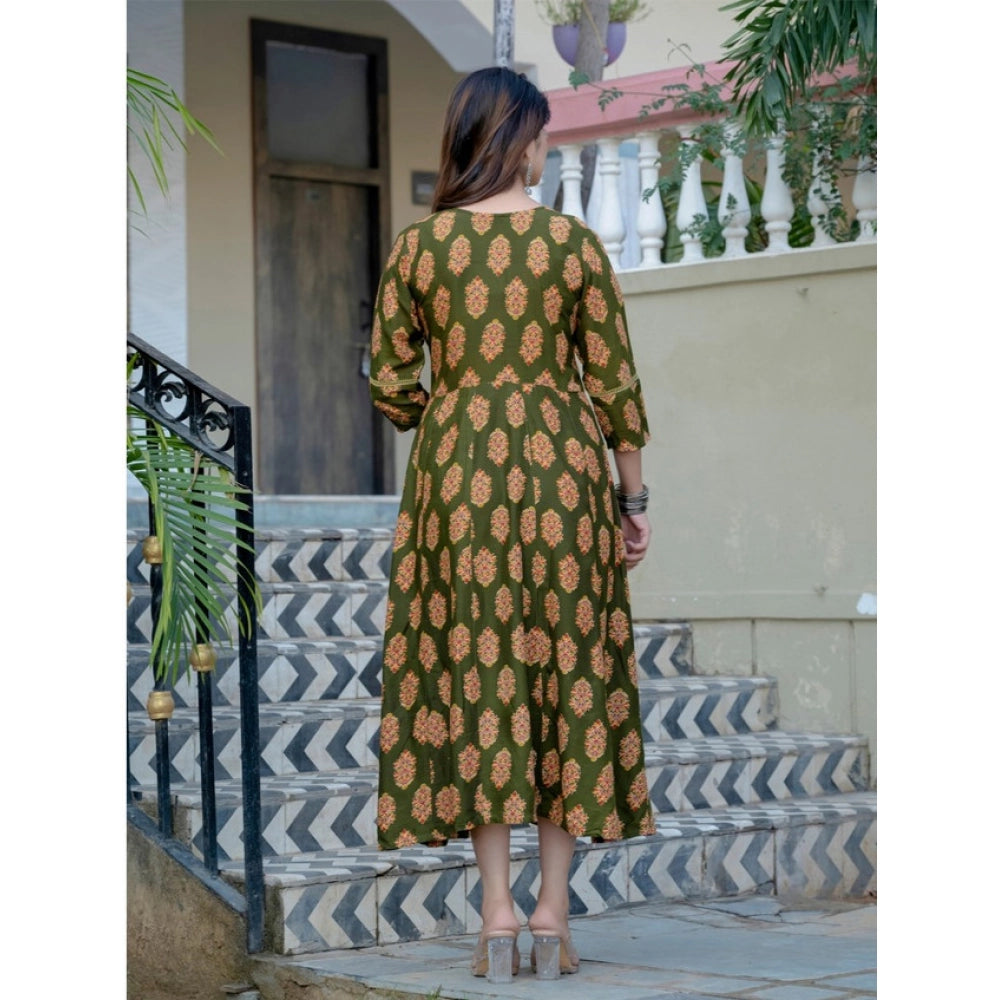 Seduva Women's Rayon Print With Embroidery Work A-Line Kurti (Dark Green)