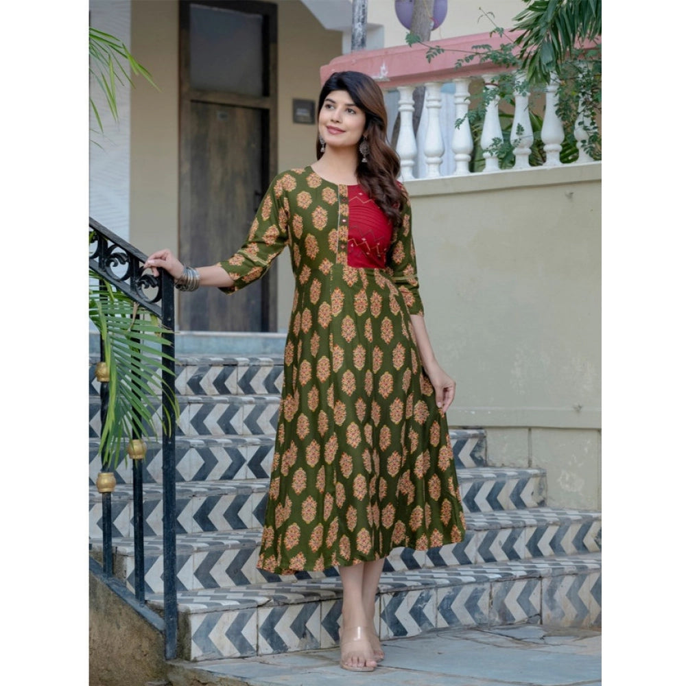 Seduva Women's Rayon Print With Embroidery Work A-Line Kurti (Dark Green)