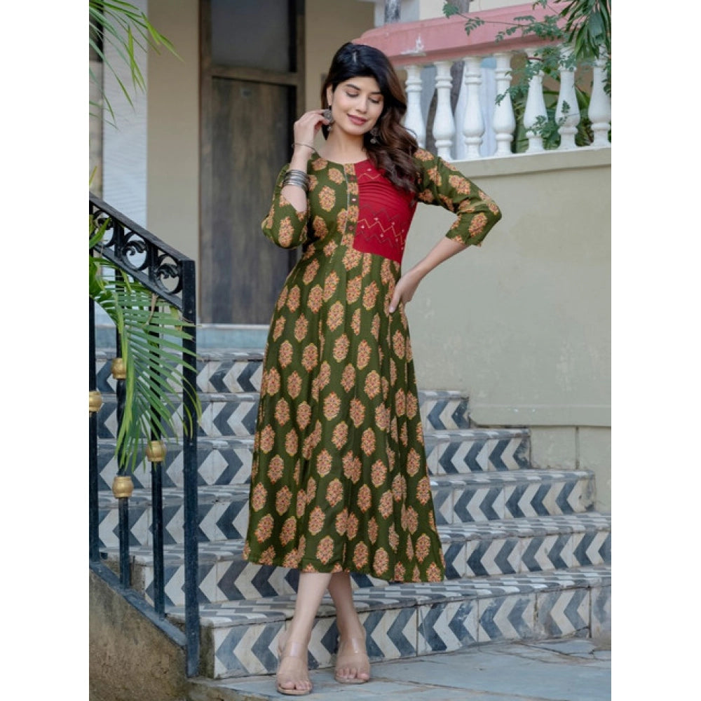 Seduva Women's Rayon Print With Embroidery Work A-Line Kurti (Dark Green)