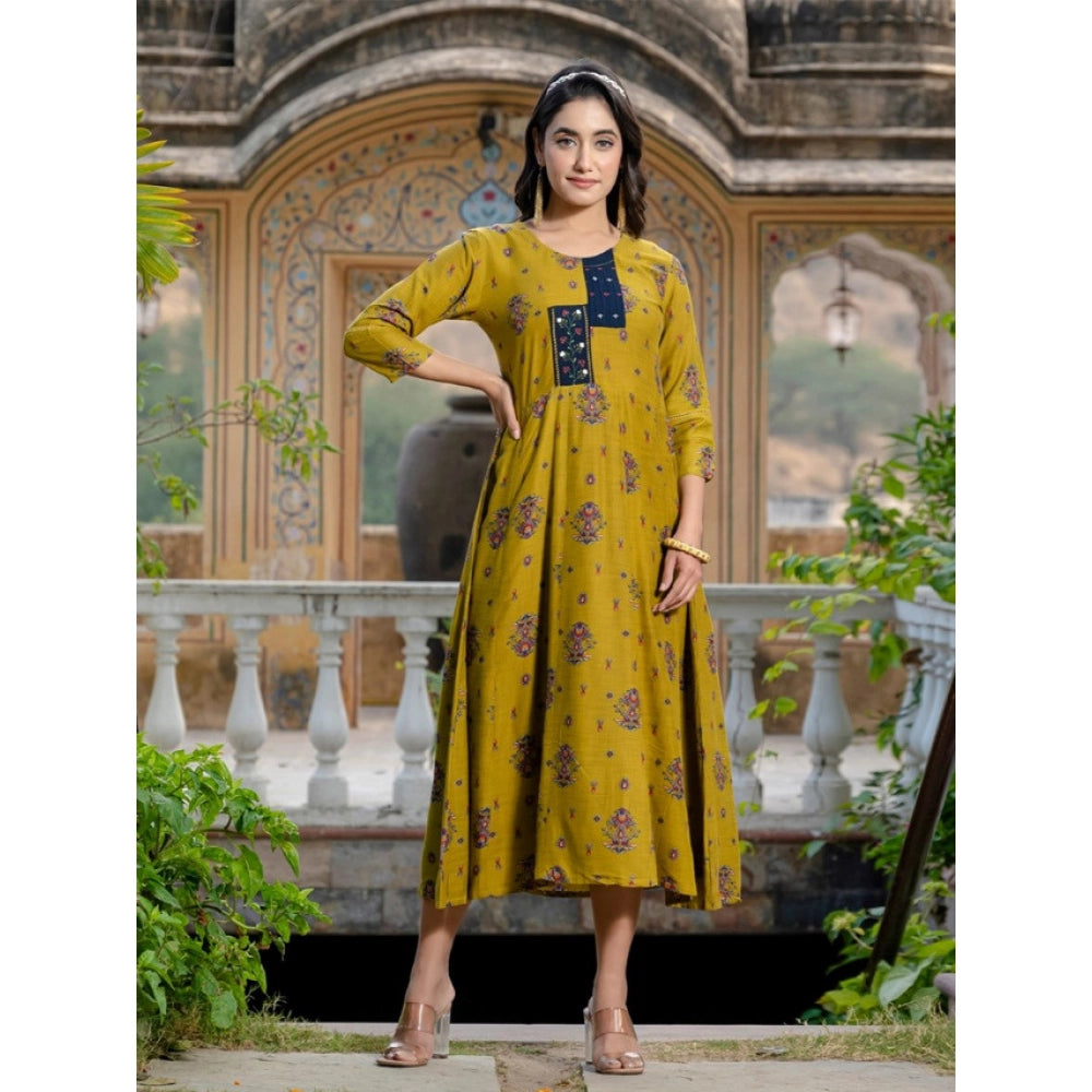 Seduva Women's Rayon Print With Embroidery Work A-Line Kurti (Mehendi)