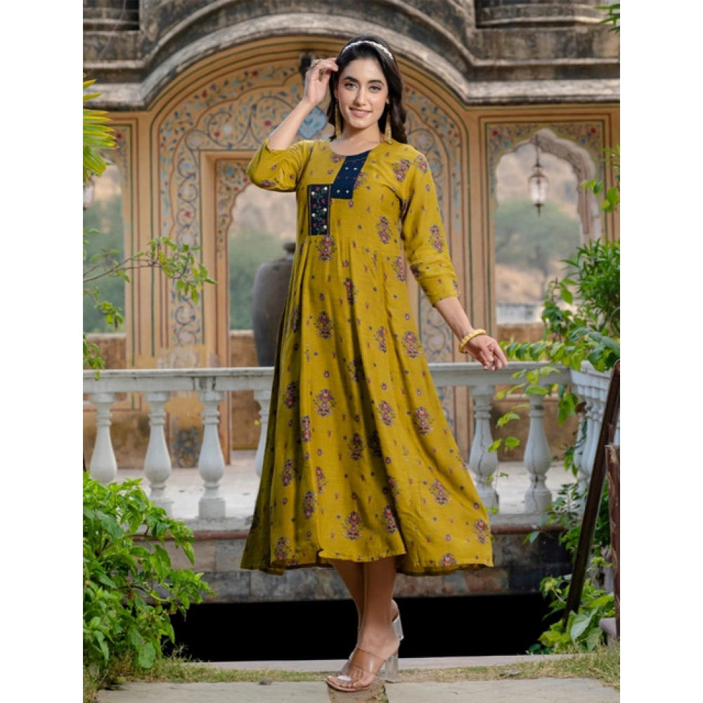 Seduva Women's Rayon Print With Embroidery Work A-Line Kurti (Mehendi)