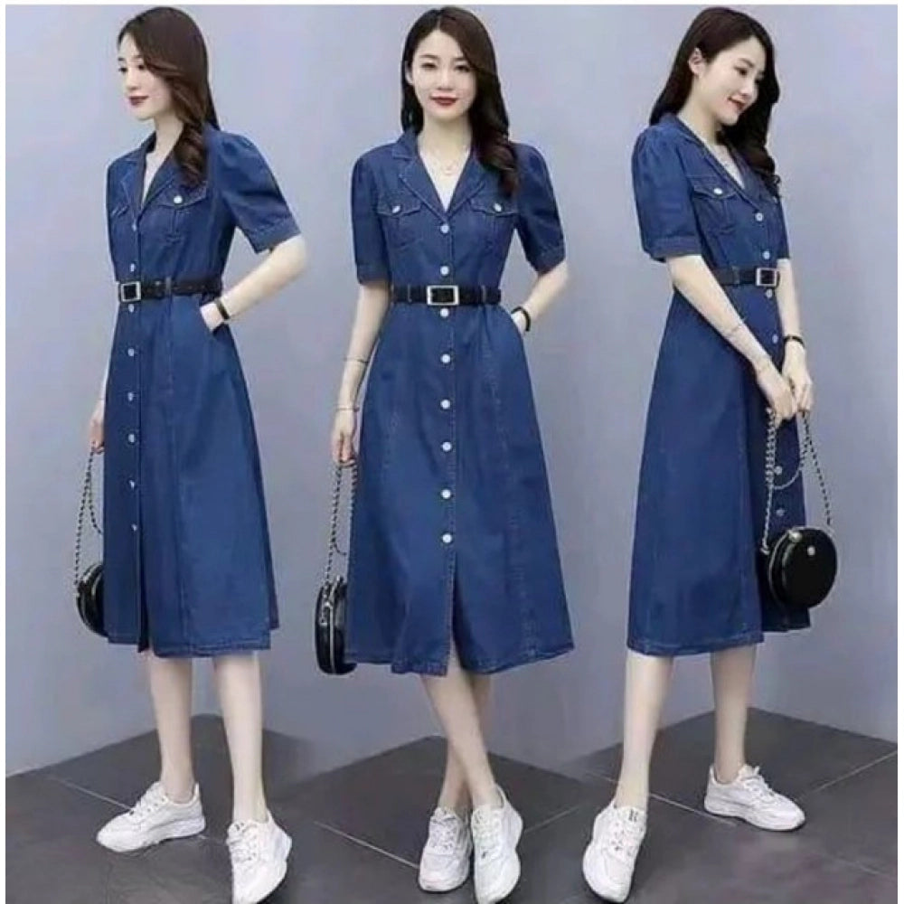 Seduva Women's Casual Denim Half Sleeves Dress (Blue)