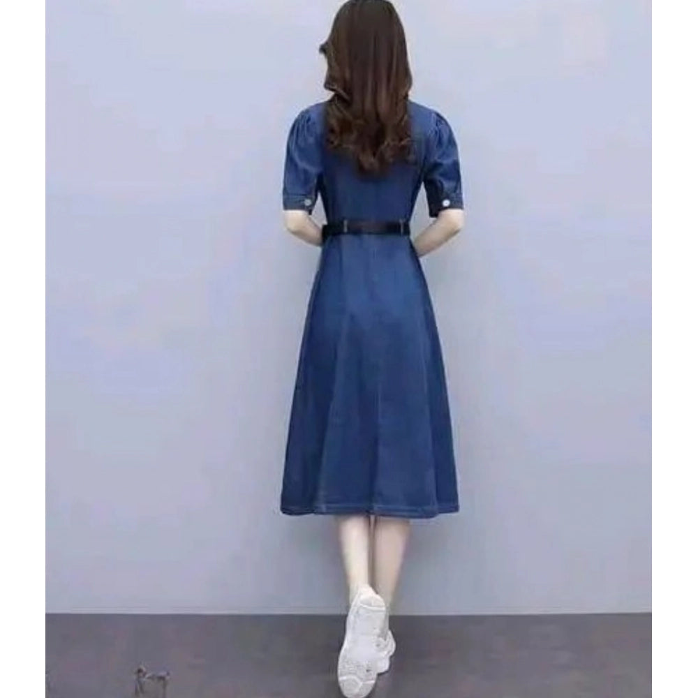 Seduva Women's Casual Denim Half Sleeves Dress (Blue)