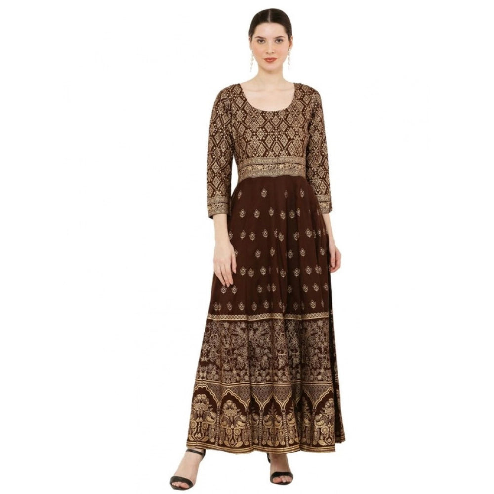 Seduva Women's Casual Rayon 3-4th Sleeves Anarkali Kurti (Brown)
