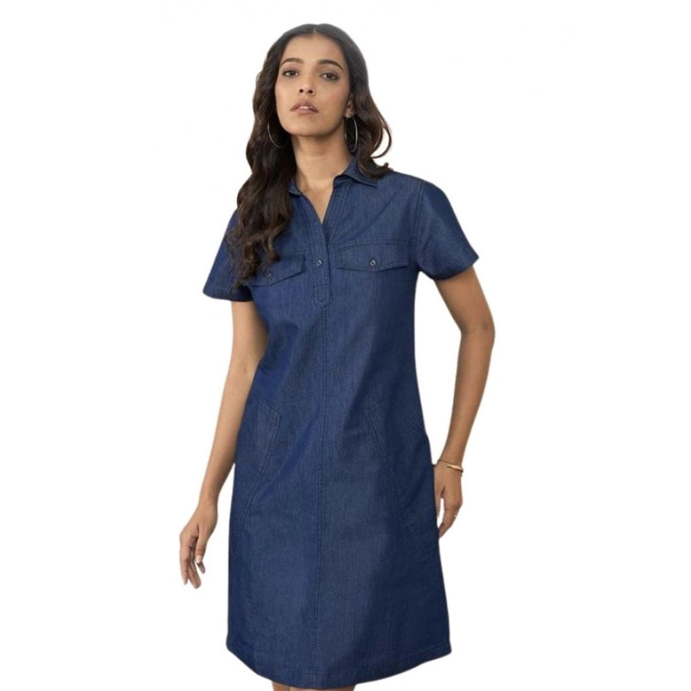 Seduva Women's Casual Denim Half Sleeves Dress (Blue)