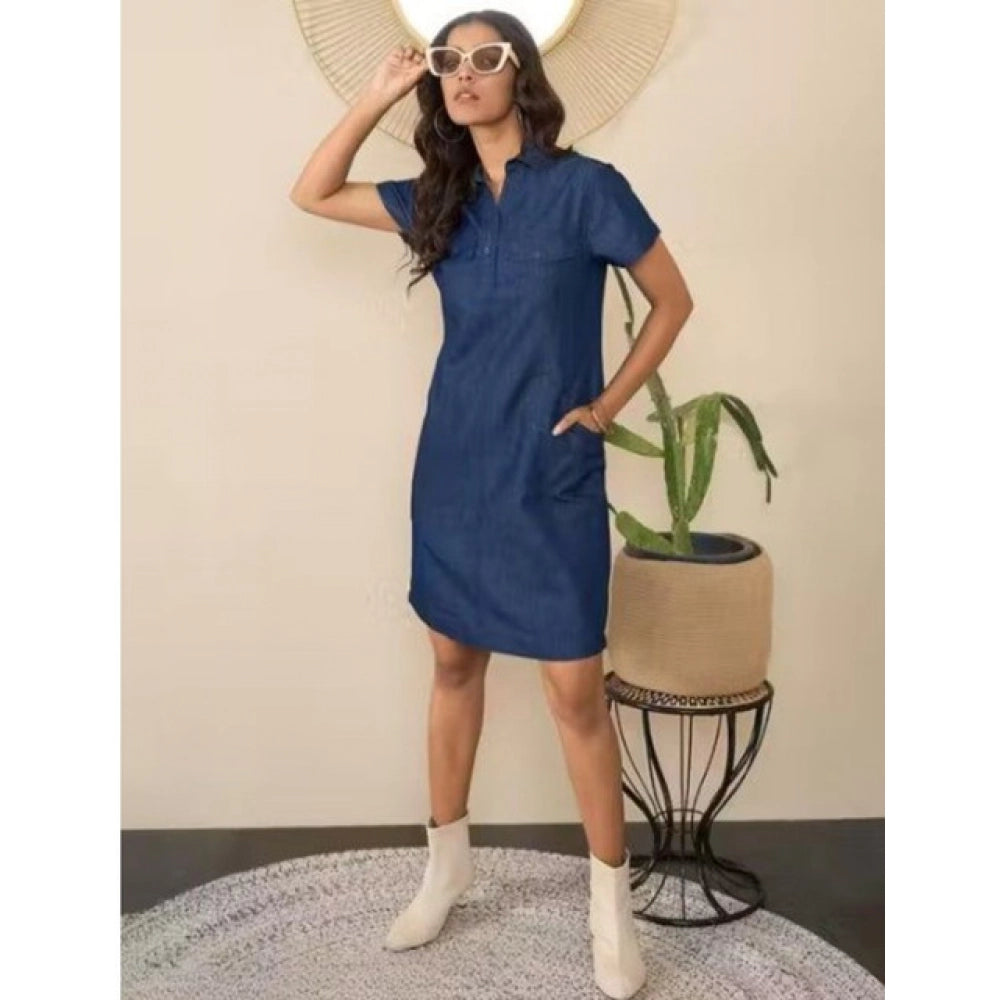 Seduva Women's Casual Denim Half Sleeves Dress (Blue)