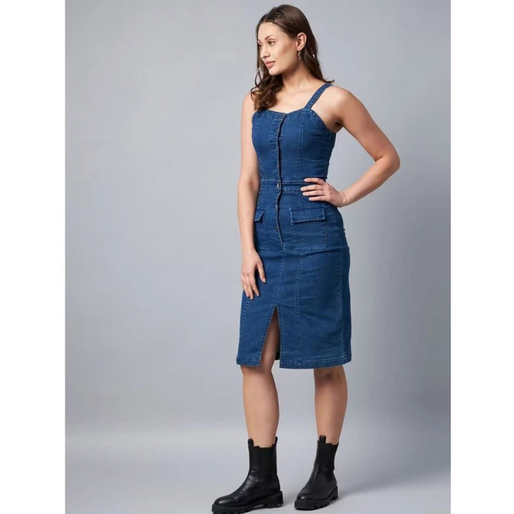 Seduva Women's Casual Denim Sleeveless Dress (Blue)