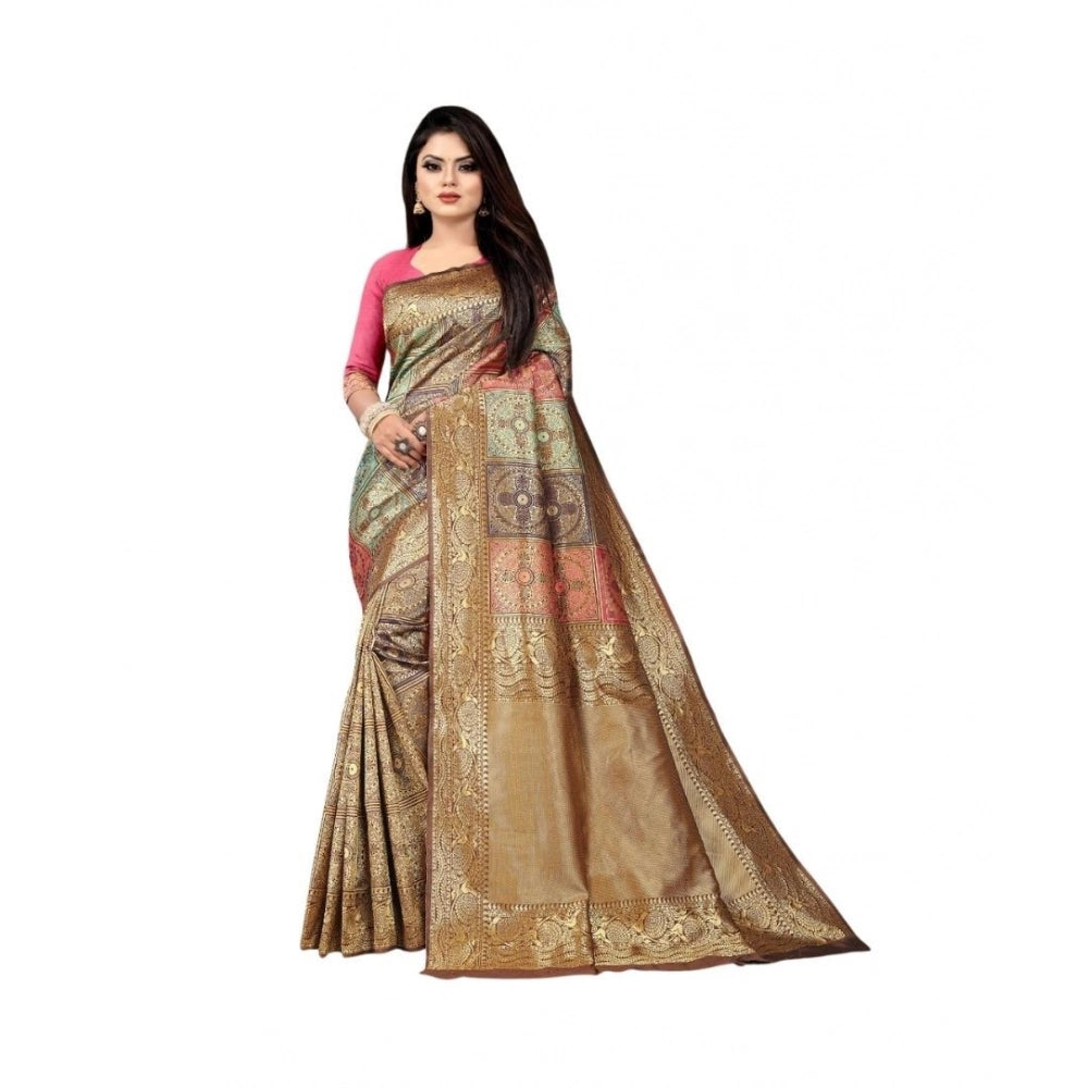 Seduva Women's Soft Lichi Silk Printed Saree With Unstitched Blouse 5.5Mtr (Gold)