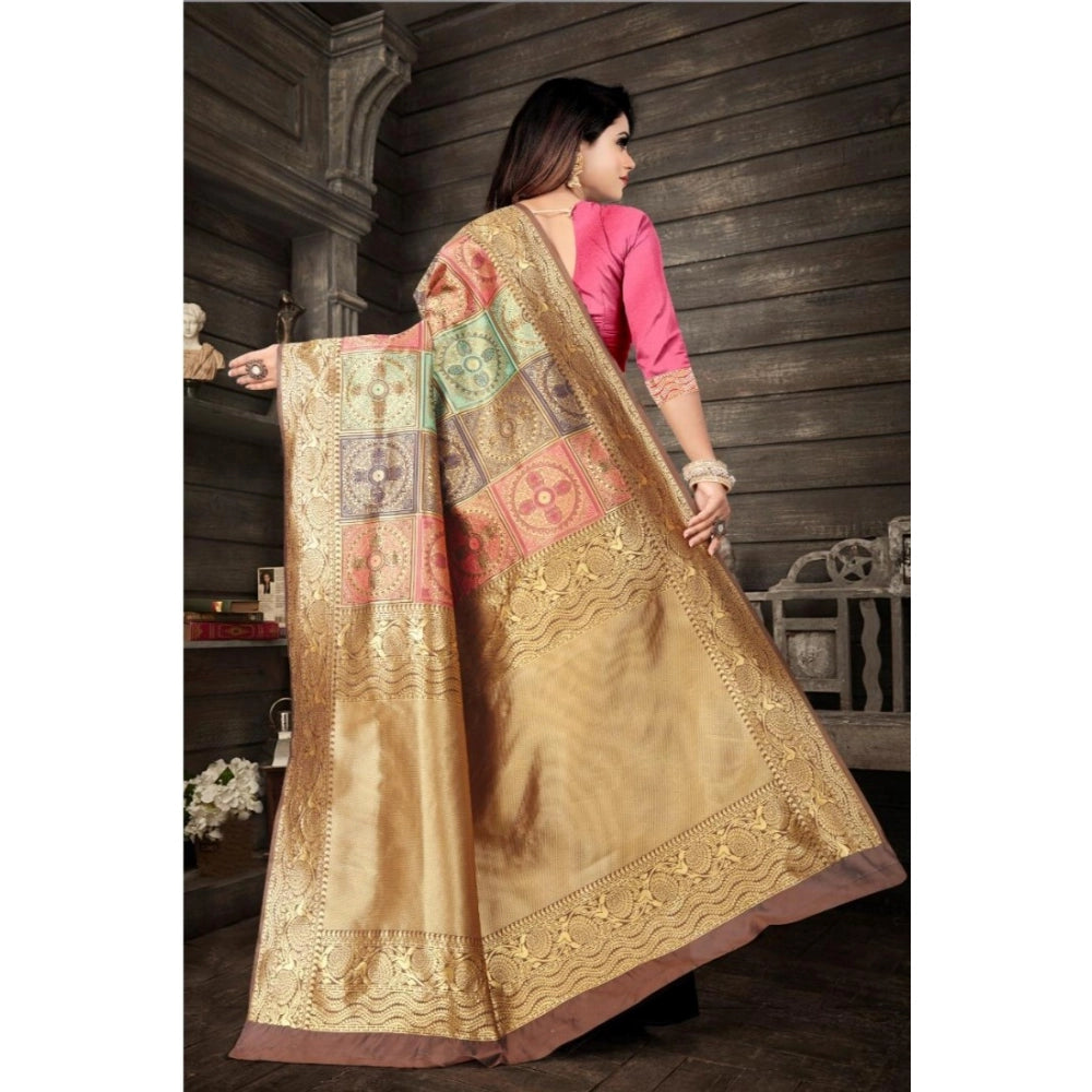 Seduva Women's Soft Lichi Silk Printed Saree With Unstitched Blouse 5.5Mtr (Gold)