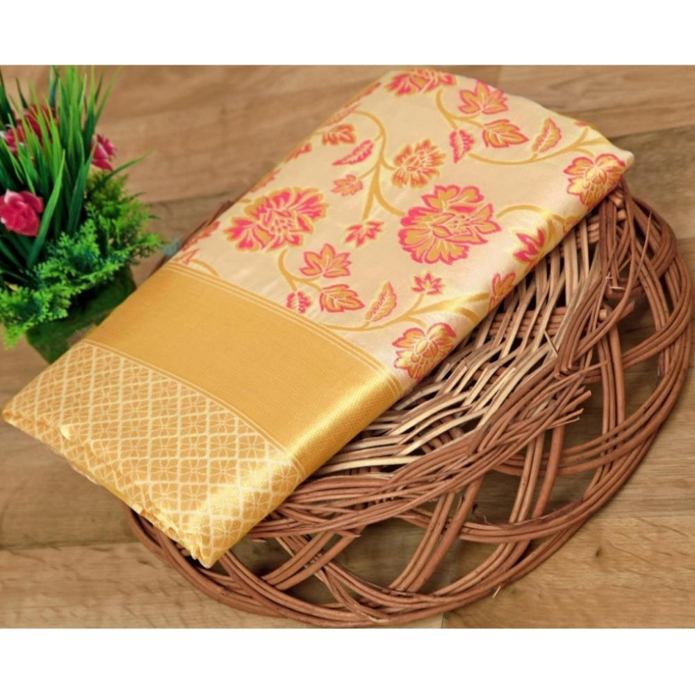 Seduva Women's Soft Lichi Silk Printed Saree With Unstitched Blouse 5.5Mtr (Gold)