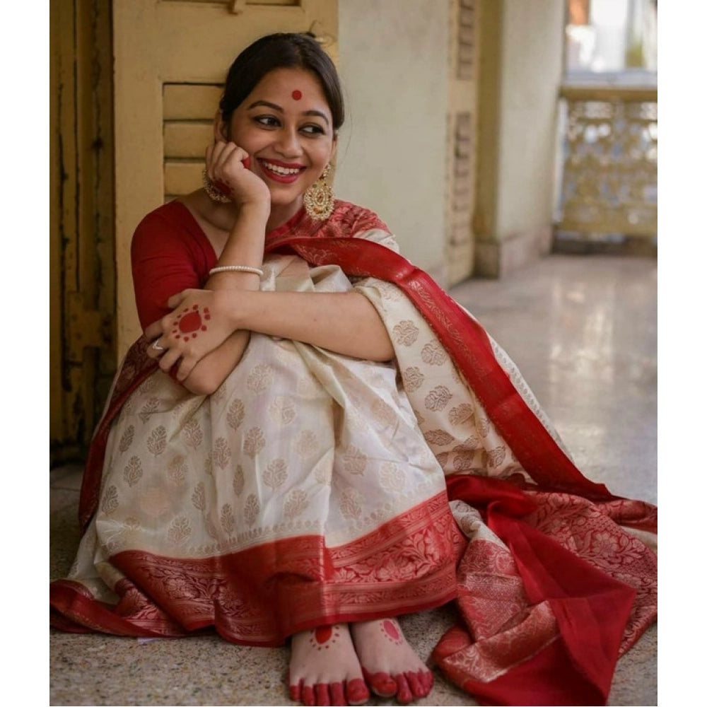 Seduva Women's Soft Lichi Silk Printed Saree With Unstitched Blouse 5.5Mtr (White)