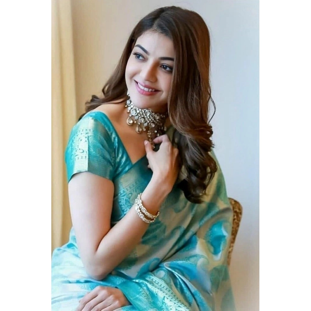 Seduva Women's Soft Lichi Silk Printed Saree With Unstitched Blouse 5.5Mtr (Sky Blue)