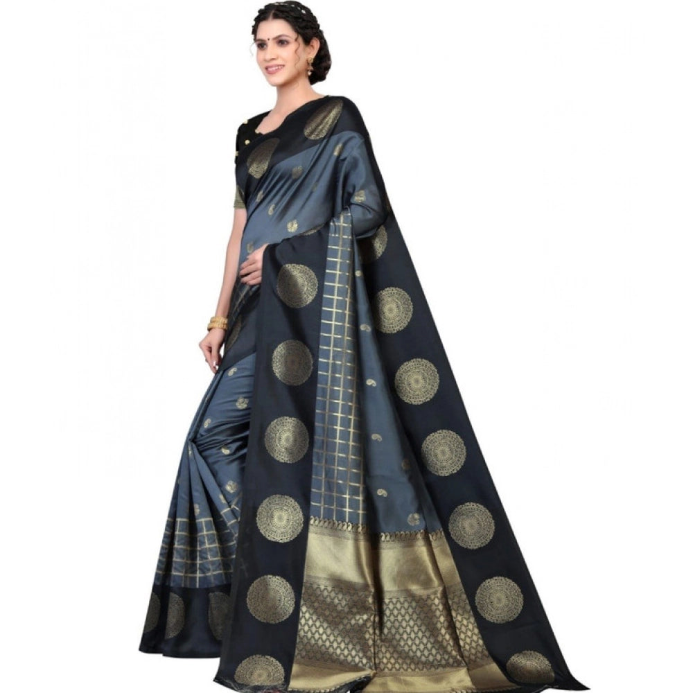 Seduva Women's Soft Lichi Silk Printed Saree With Unstitched Blouse 5.5Mtr (Black)