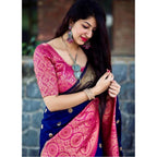 Seduva Women's Soft Lichi Silk Printed Saree With Unstitched Blouse 5.5Mtr (Blue)