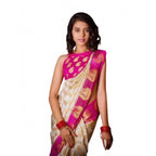 Seduva Women's Soft Lichi Silk Printed Saree With Unstitched Blouse 5.5Mtr (White)