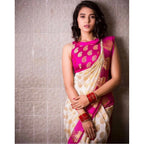 Seduva Women's Soft Lichi Silk Printed Saree With Unstitched Blouse 5.5Mtr (White)