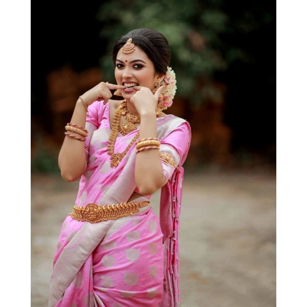 Seduva Women's Soft Lichi Silk Printed Saree With Unstitched Blouse 5.5Mtr (Pink)