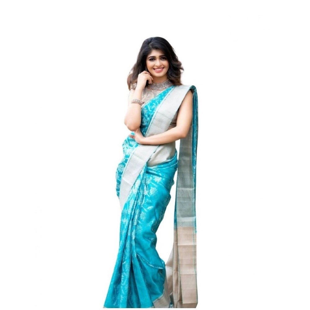 Seduva Women's Soft Lichi Silk Printed Saree With Unstitched Blouse 5.5Mtr (Sky-Blue)