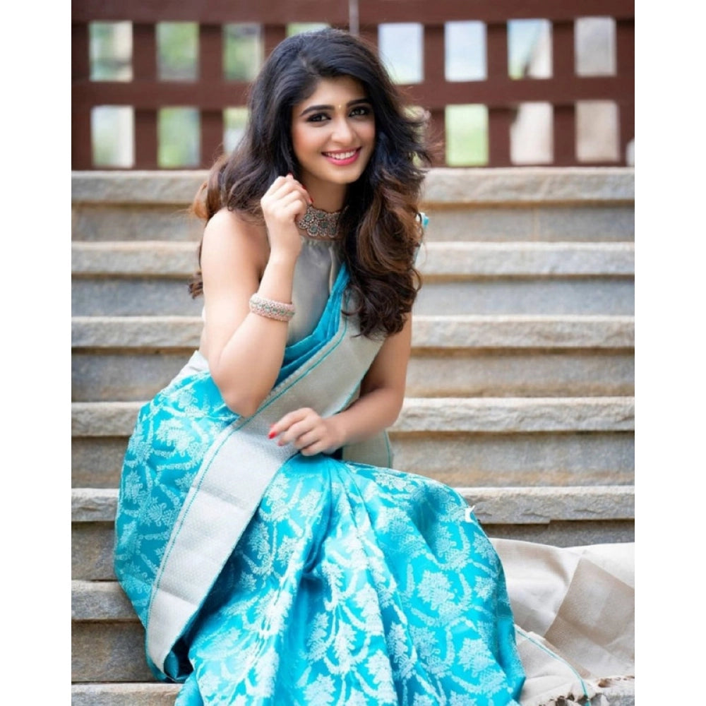 Seduva Women's Soft Lichi Silk Printed Saree With Unstitched Blouse 5.5Mtr (Sky-Blue)