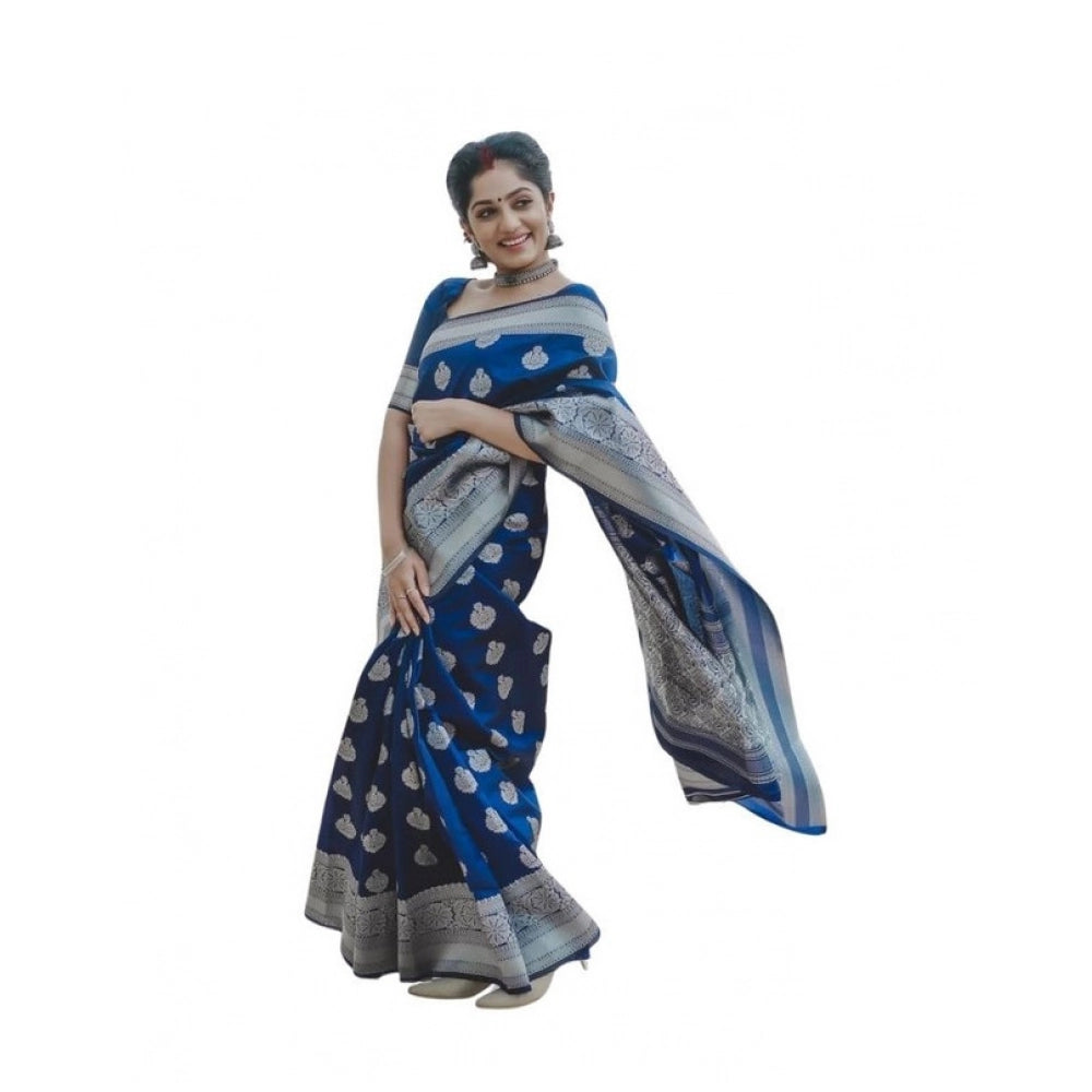 Seduva Women's Soft Lichi Silk Printed Saree With Unstitched Blouse 5.5Mtr (Blue)