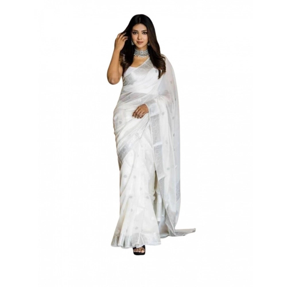 Seduva Women's Soft Lichi Silk Printed Saree With Unstitched Blouse 5.5Mtr (White)